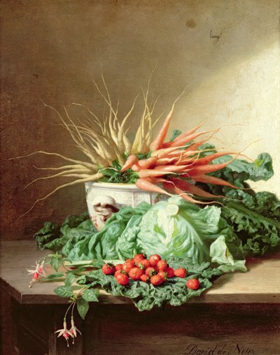 Stilleven van Aardbeien, Wortels en Kool door David Emil Joseph de Noter